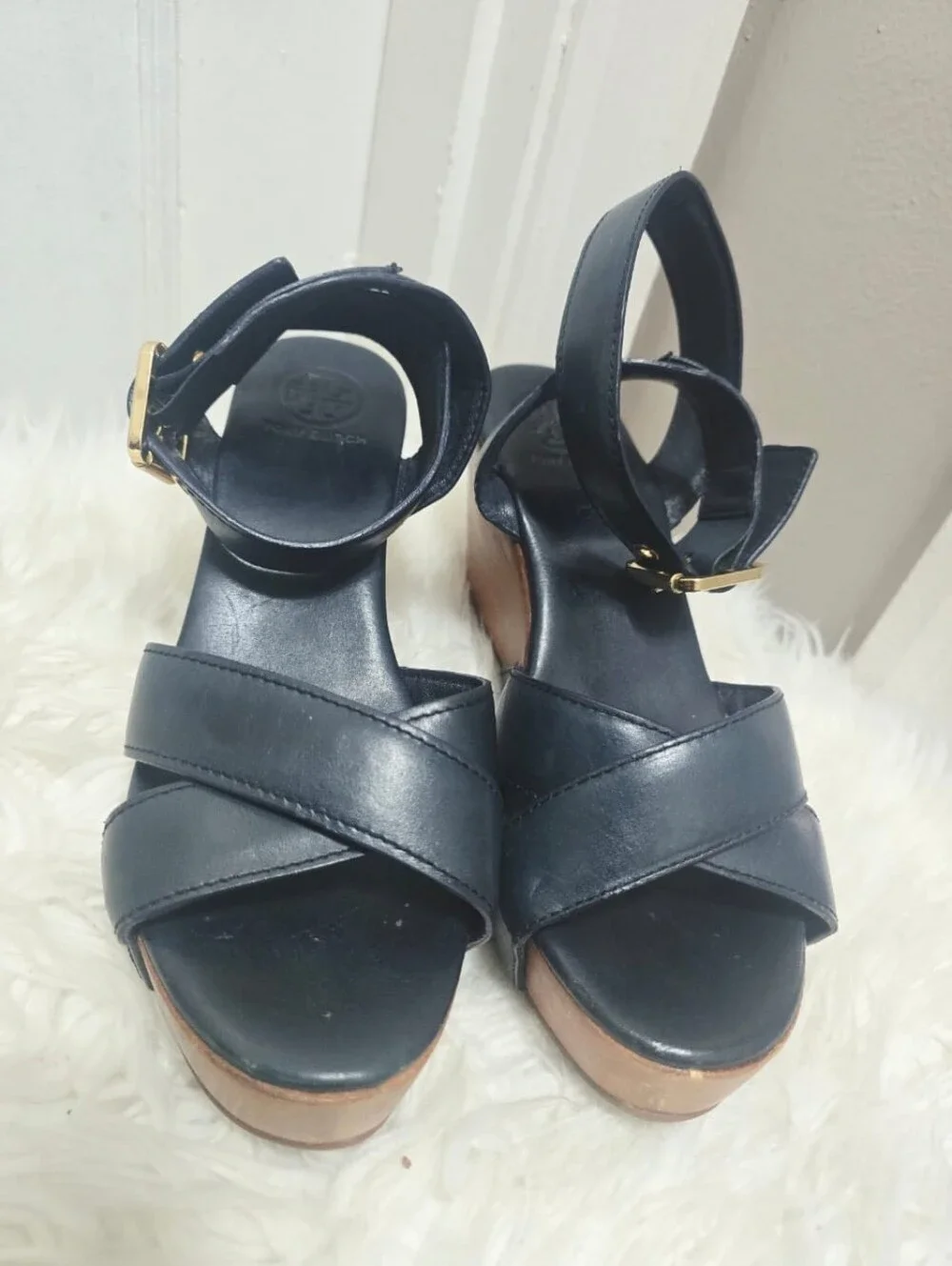 Tory Burch Almita Black Leather Ankle Strap Platform Wedge Sandals size 8.5M